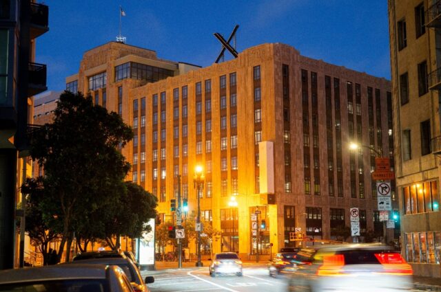 An X sign is seen on the roof of the headquarters of social media platform X, formerly kno