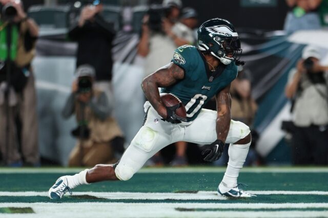 D'Andre Swift of the Philadelphia Eagles celebrates scoring a touchdown during the fourth