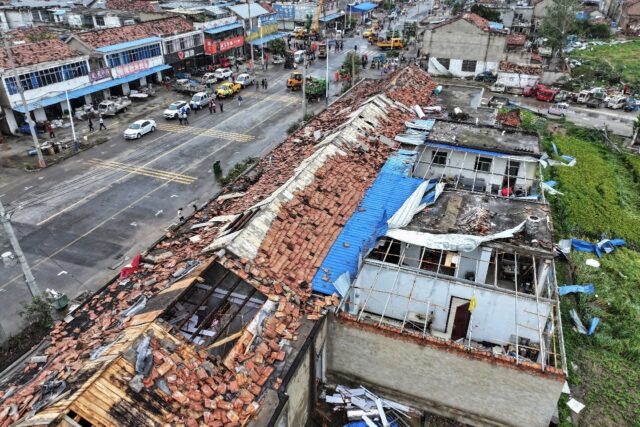 Buildings damaged by a tornado that hit China's eastern Jiangsu province, killing five peo