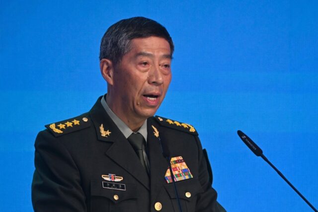 China's Defence Minister Li Shangfu speaks at a conference near Moscow in August 2023