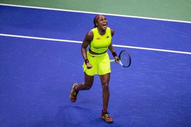 Coco Gauff celebrates after reaching the US Open final with victory over Karolina Muchova