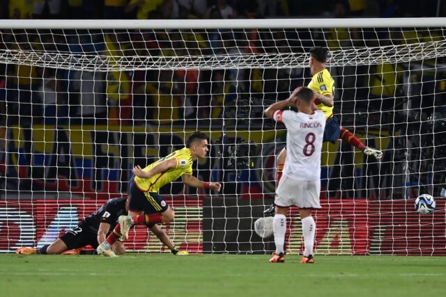 Colombia's forward Rafael Santos Borre celebrates after scoring in Thursday's 1-0 win over