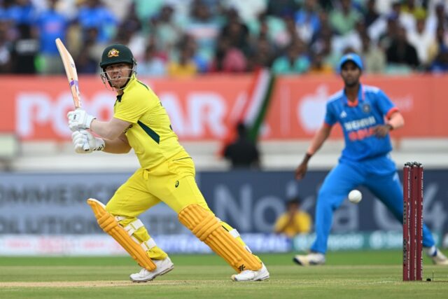 Dangerman: Australia's David Warner on his way to another half century in Wednesday's matc