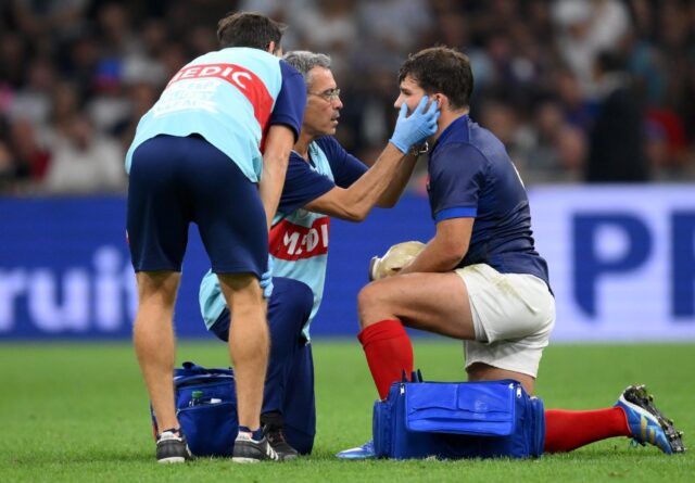 France captain Antoine Dupont had to leave the field after a clash of heads during France'