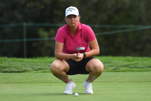 France's Perrine Delacour lines up a putt on the way to the 36-hole lead in the LPGA Portl
