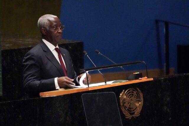 Gabonese Prime Minister Raymond Ndong Sima addresses the 78th United Nations General Assem