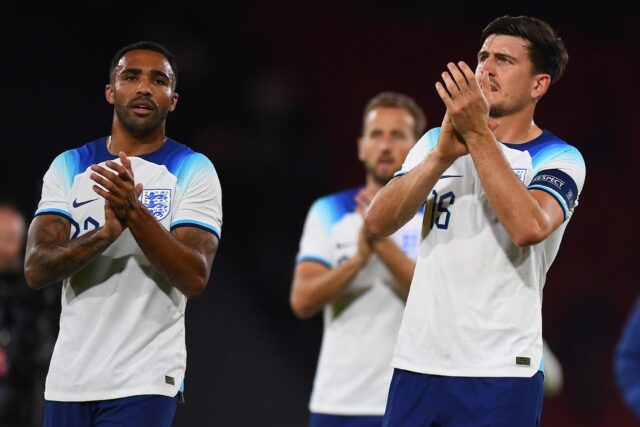 Harry Maguire (right) applauds the fans after England's 3-1 win against Scotland in Glasgo