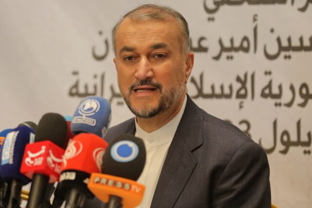 Iran's Foreign Minister Hossein Amir-Abdollahian speaks during a press conference in Leban