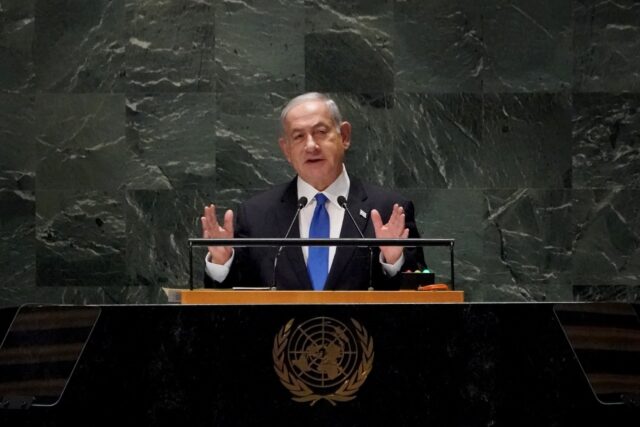 Israeli Prime Minister Benjamin Netanyahu addresses the 78th United Nations General Assemb