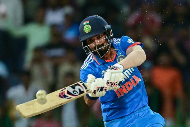 KL Rahul plays a shot on his way to an unbeaten 111 as India reached 356-2 in the Asia Cup