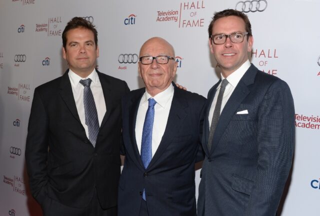 Lachlan Murdoch, Rupert Murdoch and James Murdoch shown at a 2014 event in Beverly Hills,