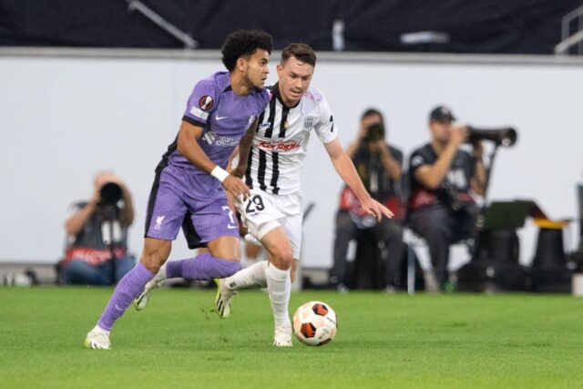Luis Diaz, who won a penalty and scored, takes on LASK goalscorer Florian Flecker