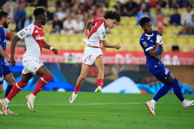 Maghnes Akliouche (C) fires in his second goal and Monaco's third in their 3-2 win over Ma