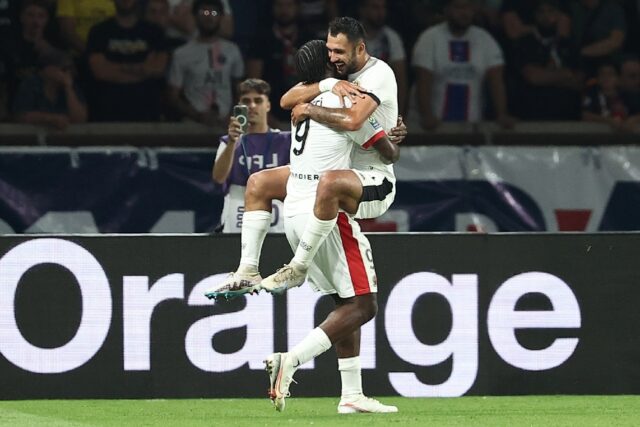Nice's front two of Gaetan Laborde (R) and Terem Moffi (L) overshadowed Kylian Mbappe's do