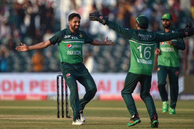 Man of the moment: Pakistan's Haris Rauf celebrates after taking the wicket of Bangladesh'