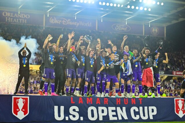 Orlando City hoist the trophy after winning the 2022 U.S. Open Cup against the Sacramento
