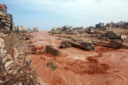 Riverside buildings in the eastern Mediterranean coastal city of Derna collapsed after Storm Daniel brought heavy rainfall