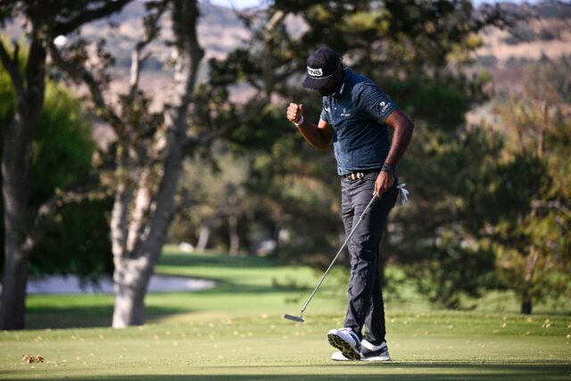 Sahith Theegala reacts to a birdie putt on his way to a maiden PGA Tour victory at the For