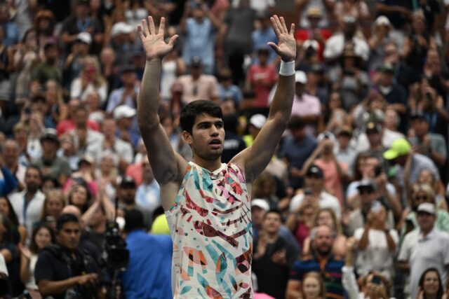 Spain's Carlos Alcaraz reacts after booking his place in the US Open quarter-finals with a