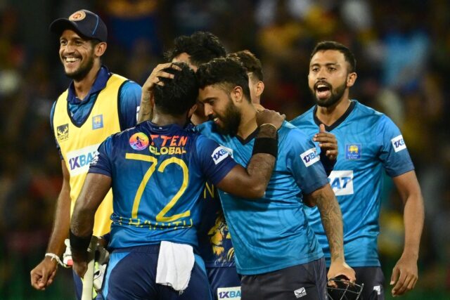 Sri Lanka's Charith Asalanka (2nd L) Kusal Mendis (2nd R) celebrate sri Lanka's two wicket