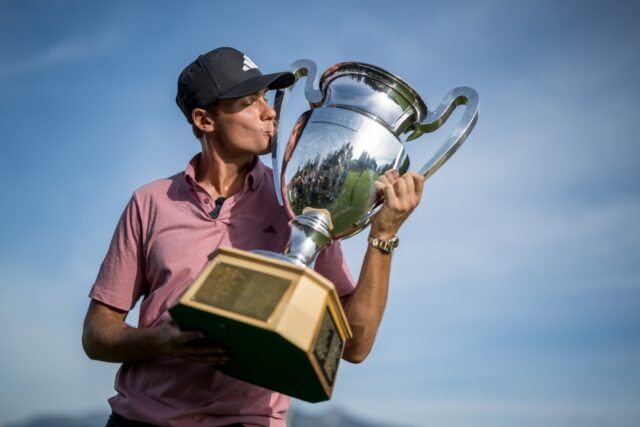 Sweden's Ludvig Aberg celebrates his victory at the European Masters