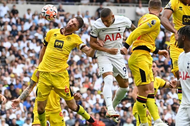 Tottenham striker Richarlison (C) scores against Sheffield United