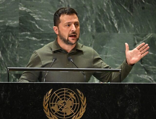 Ukrainian President Volodymyr Zelensky addresses the 78th United Nations General Assembly