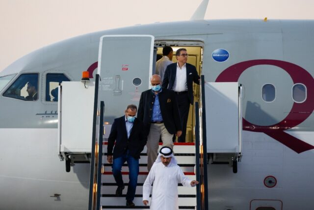 US citizens Siamak Namazi, Emad Sharqi and Morad Tahbaz disembark from a Qatari jet upon t