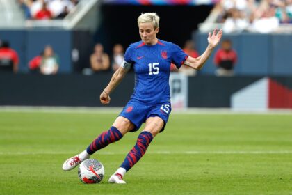 US forward Megan Rapinoe takes a free kick during her farewell match for the United States in a friendly against South Africa at Chicago