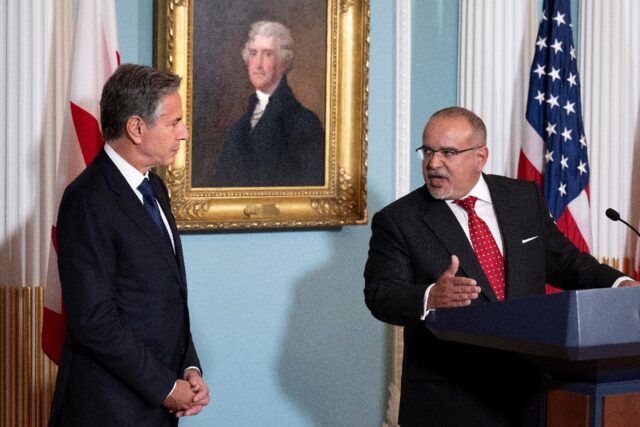 US Secretary of State Antony Blinken listens while Bahrain's Prime Minister and Crown Prin