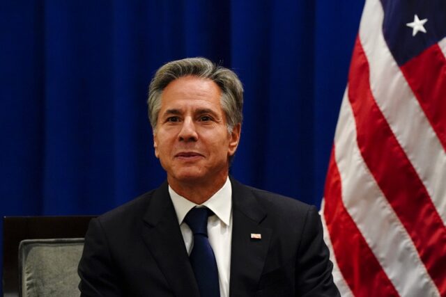 US Secretary of State Antony Blinken looks on during a meeting with Turkish Foreign Minist
