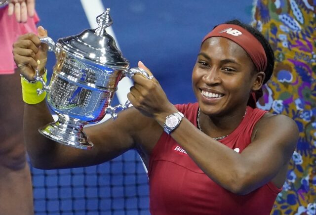 USA's Coco Gauff celebrates her US Open title on Saturday