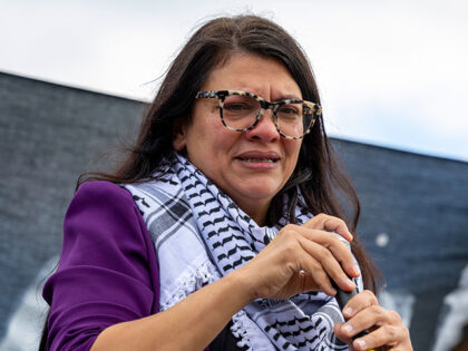 Rep. Rashida Tlaib, D-Mich., cries during a demonstration calling for a ceasefire in Gaza