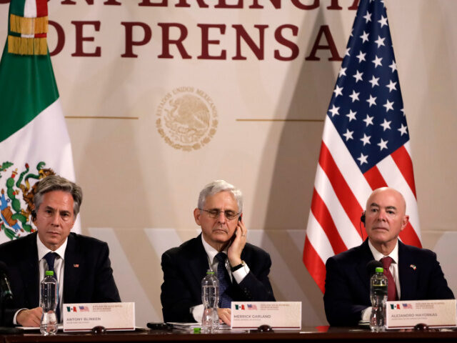 October 5, 2023, Mexico City, Mexico: Antony Blinken, United States Secretary of State; Merrick Garland, Attorney General of the United States; Alejandro Mayorkas, Secretary of Homeland Security of the United States at the press conference within the framework of the High Level Dialogue on Security Mexico - United States at …