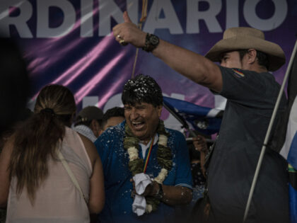 Evo Morales, Bolivia's former president, on stage during a campaign launch in Lauca N, Coc