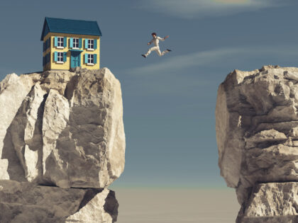 Man jumping over a gap between two rocks to a house. This is a 3d render illustration
