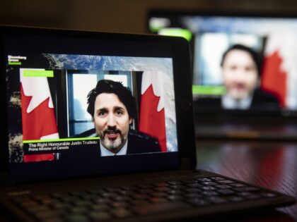 Justin Trudeau, Canada's prime minister, speaks virtually during the Bloomberg Green Summit on a tablet computer in Tiskilwa, Illinois, U.S., on Tuesday, April 27, 2021. The event features panels, presentations, fireside chats, interactive elements and more, fueled by the insights of Bloomberg's journalism and proprietary data. Photographer: Daniel Acker/Bloomberg via …