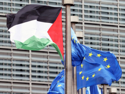 BRUSSELS, BELGIUM - MAY 10: Palestinian flag hoisted on the flagpole during the meeting of Palestinian Prime Minister Mohammad Shtayyeh and with Josep Borrell, High Representative of EU for Foreign Relations and Security Policy at the EU Comission headquarters in Brussels, Belgium on May 10, 2022. (Photo by Dursun Aydemir/Anadolu …