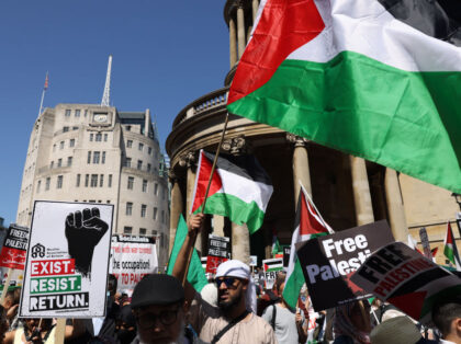 LONDON, ENGLAND - MAY 14: Demonstrators hold placards during the Free Palestine, End Apart