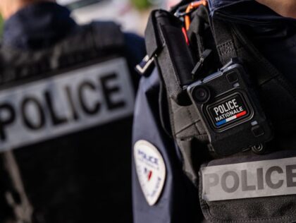 This photograph taken on October 21, 2022, shows a detail of a French police officer's signage and equipment during a patrol in Nantes, western France. (Photo by LOIC VENANCE / AFP) (Photo by LOIC VENANCE/AFP via Getty Images)