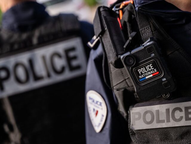 This photograph taken on October 21, 2022, shows a detail of a French police officer'