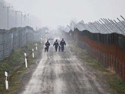 TOPSHOT - Hungarian border police officiers patrol on December 15, 2022 at the Hungarian-Serbian border, close to Kelebia village. - In August 2022, the Hungarian government decided to strengthen the already existing 165-kilometer security border fence and build a new border protection system at the south part of the border. …