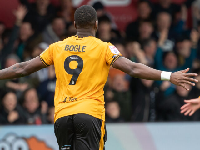 NEWPORT, WALES - MAY 08: Omar Bogle of Newport County celebrates scoring as he puts Newpor