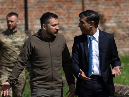 AYLESBURY, ENGLAND - MAY 15: Britain's Prime Minister, Rishi Sunak (R), walks Ukraine's President, Volodymyr Zelenskyy, to a waiting Chinook helicopter after meetings at Chequers on May 15, 2023 in Aylesbury, England. In recent days, Mr Zelensky has travelled to meet Western leaders seeking support for Ukraine in the war …
