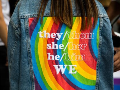 BANGKOK, THAILAND - JUNE 01: A person wears a gender neutral pronoun jacket at a 'Rainbow