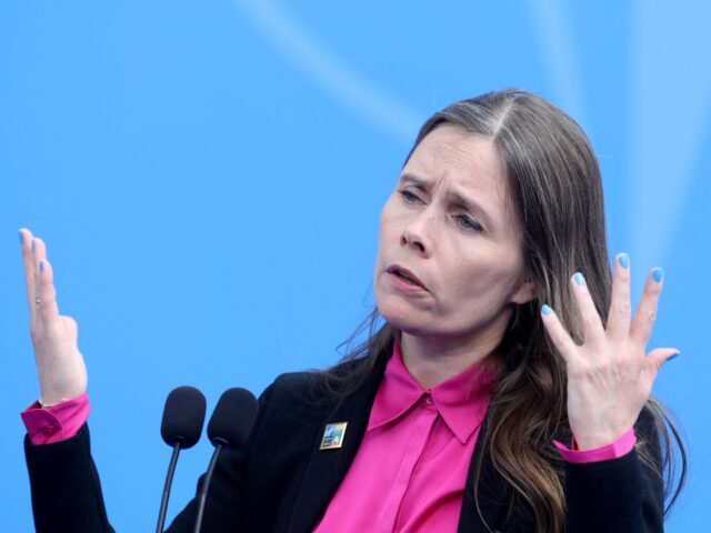 Iceland's Prime Minister Katrin Jakobsdottir speaks as she arrives to attend the NATO Summ