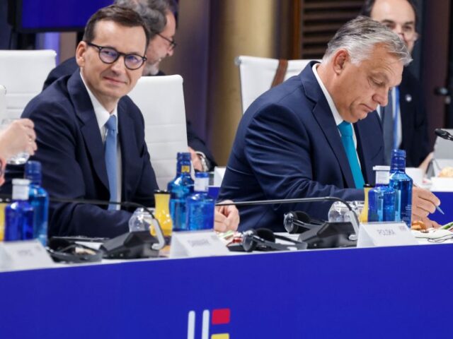 Hungary's Prime Minister Viktor Orban (R) and Poland's Prime Minister Mateusz Mo