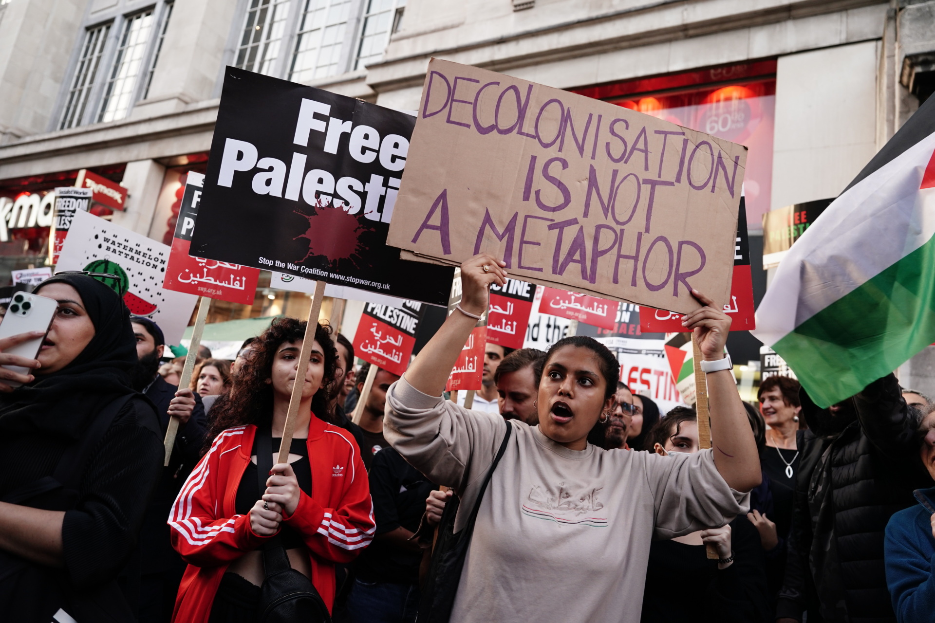 People take part in a Palestine solidarity campaign demonstration near the Israeli embassy in Kensington, London, as the death toll rises amid ongoing violence in Israel and Gaza following a Hamas attack.  Photo date: Monday, October 9, 2023. (Photo by: Jordan Pettit/PA Images via Getty Images)