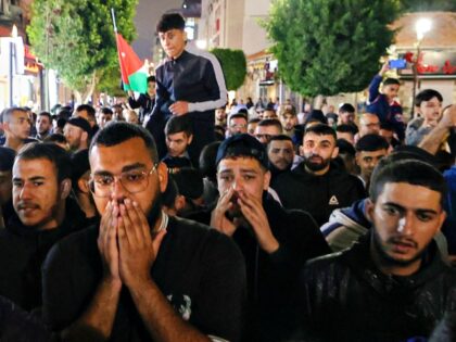 Palestinians gather in Ramallah in the occupied West Bank on October 10, 2023, to express