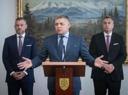 (L-R) The chairman of the "Voice" (Hlas) political party Peter Pellegrini, the Chairman of the social democratic Smer party Robert Fico and the chairman of the ultra-nationalist far-right Slovak National Party (SNS) Andrej Danko give a press conference at the National Council building after signing a "Memorandum of understanding and …